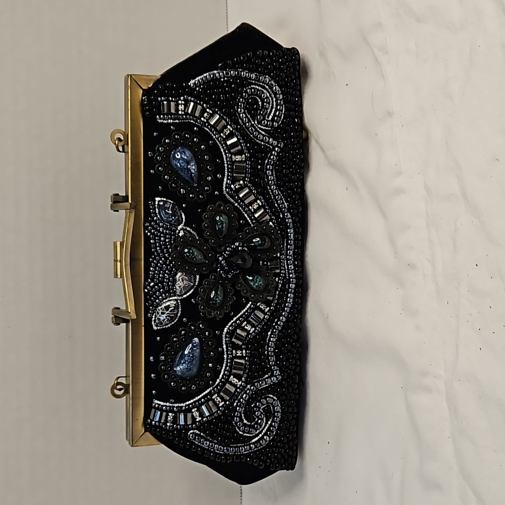 Beaded Navy Blue Velvet Clutch